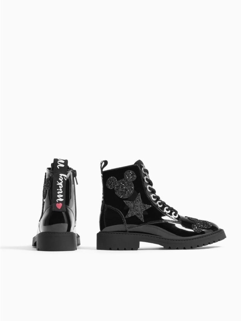 Zara Kids Disney Mickey Mouse Black Patent Combat Boots with Glitter Appliqué